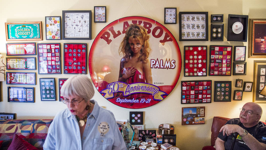 Christie Smith stands in front of a wall featuring part of the couple's poker chip collection. (Todd Prince/Las Vegas Review-Journal)
