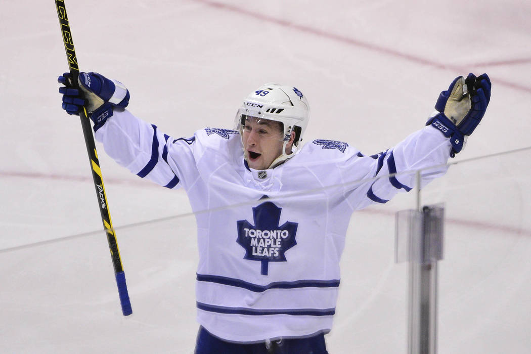 Feb 13, 2016; Vancouver, British Columbia, CAN; Toronto Maple Leafs Brendan Leipsic (49) celebrates his goal against Vancouver Canucks goaltender Ryan Miller (30) during the third period at Rogers ...