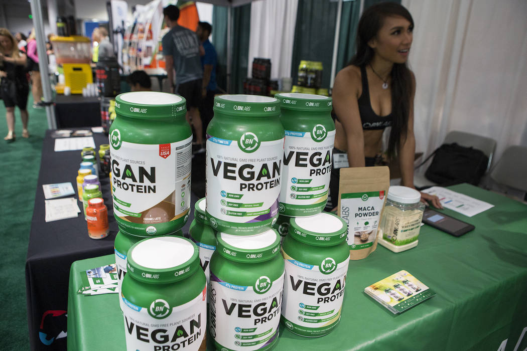 Vegan protein powder is on display at BN Labs's booth during the IDEA World Fitness & Nutrition Expo at the Las Vegas Convention Center in Las Vegas on Thursday, July 20, 2017.  (Bridget Benne ...
