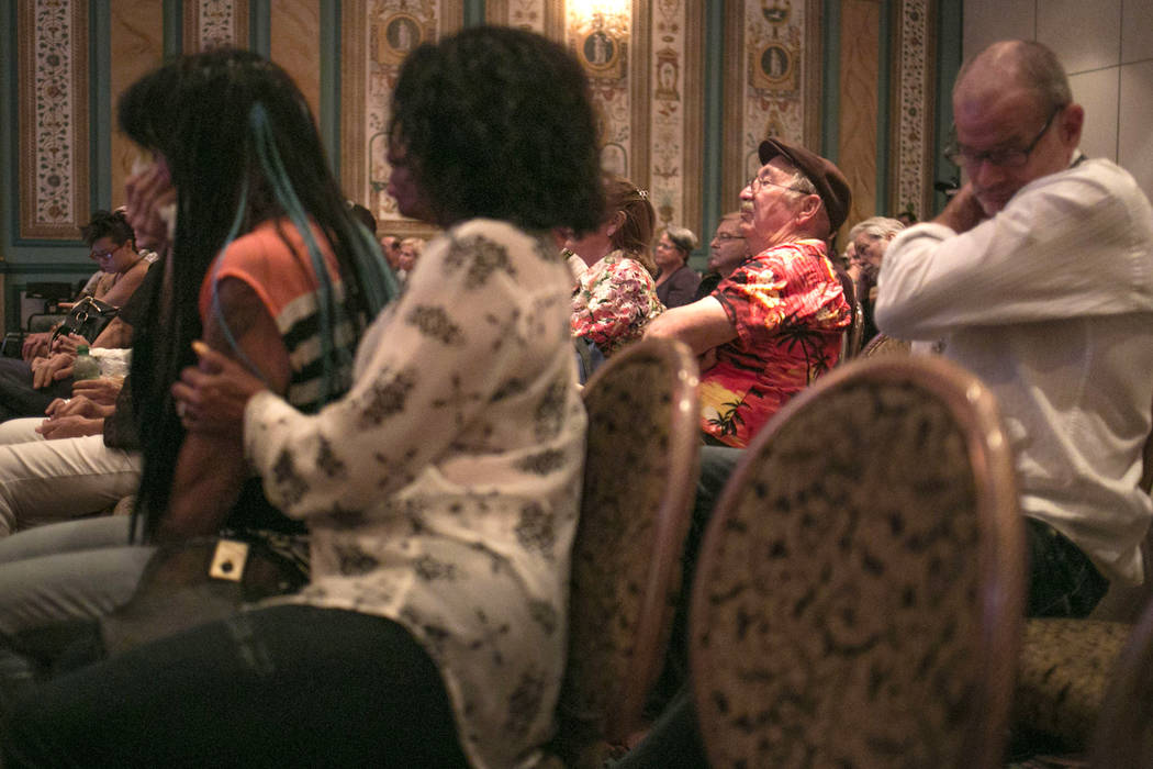 People react while watching the documentary, җhat Happened in Vegas," during the Anthem Libertarian Film Festival at the Paris Las Vegas in Las Vegas, Thursday, July 20, 2017. Gabri ...