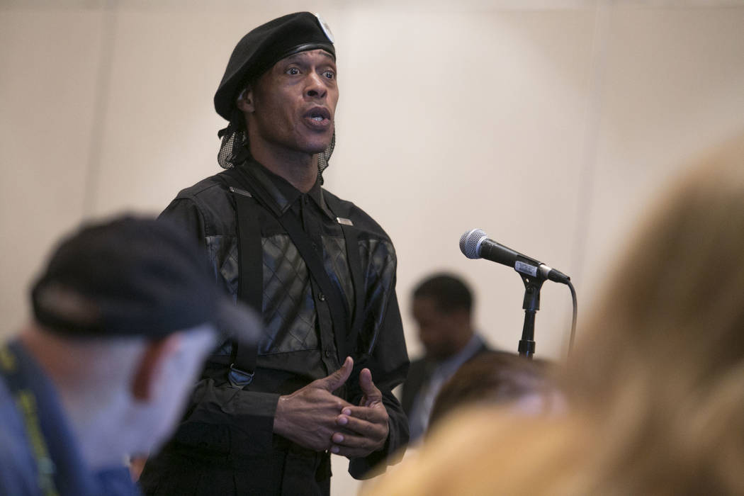Jay Jackson, Chairman of The Las Vegas New Black Panthers, asks a question during the panel for the documentary җhat Happened in Vegas,&quot; at the Paris Las Vegas in Las Vegas, Thursda ...