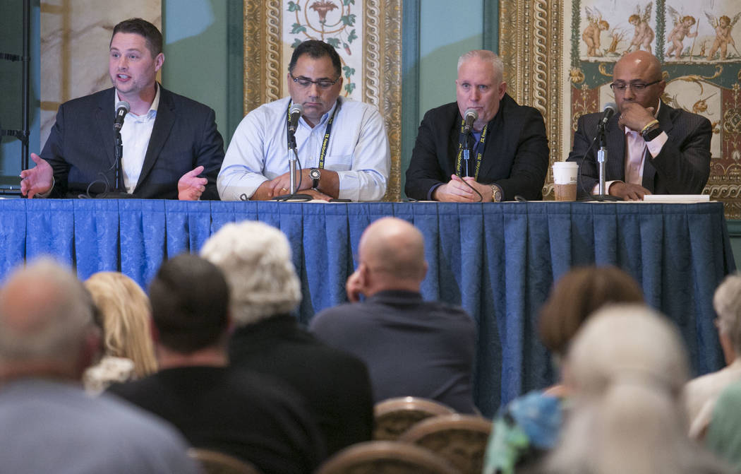 The panel for the documentary җhat Happened in Vegas,&quot; Ramsey Denison, director of the film, from left, David H. Safavian, deputy director of Center for Criminal Justice Reform, Ran ...