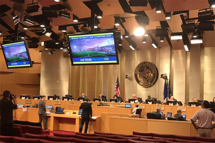 Brett Lashbrook, who founded Las Vegas Soccer LLC, makes his pitch to the City of Las Vegas to bring a United Soccer League team to Downtown Las Vegas. The city unanimously approved the pitch. (Gi ...