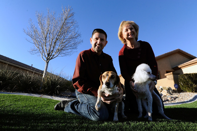 Nevada State Sen. Mark Manendo, left, and Robin Reddle play with their dogs, Carson, left and Coco near their las Vegas home on Sunday, Dec. 22, 2013. (David Becker/Las Vegas Review-Journal)