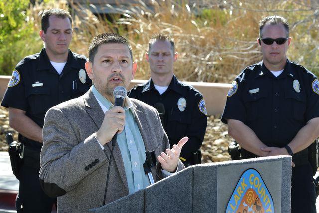 State Sen. Mark Manendo speaks during an announcement of an interagency crackdown on crime at the Clark County Wetlands Park at 7050 Wetlands Park Lane in Las Vegas on Thursday, March 17, 2016. Bi ...