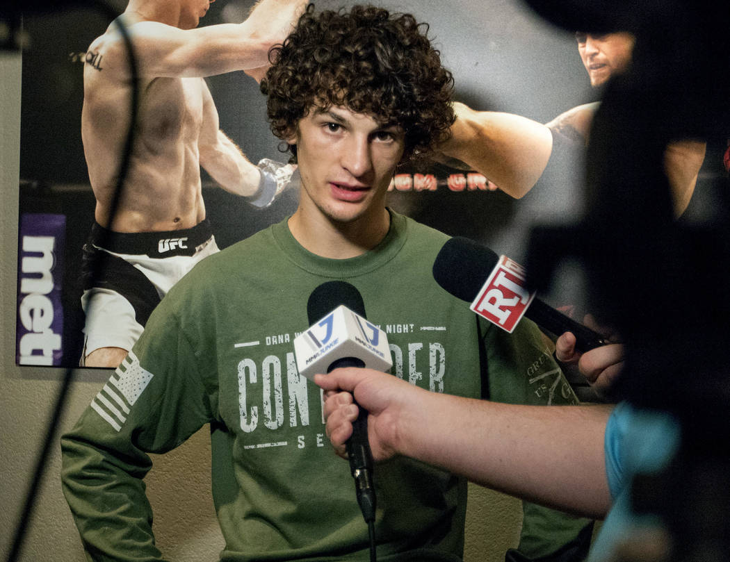 Sean O'Malley discusses win over Alfred Khashakyan on Dana White's Contender Series that earned him a contract with the UFC at The Ultimate Fighter gym in Las Vegas, Tuesday, July 18, 2017. Heidi  ...