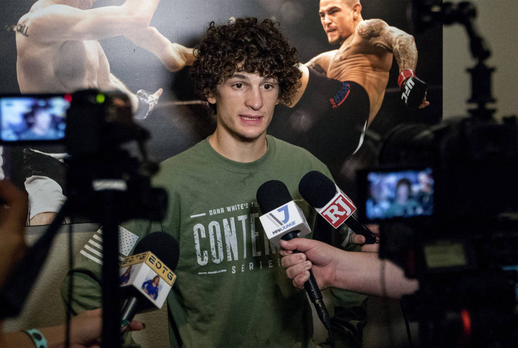 Sean O'Malley discusses win over Alfred Khashakyan on Dana White's Contender Series that earned him a contract with the UFC at The Ultimate Fighter gym in Las Vegas, Tuesday, July 18, 2017. Heidi ...