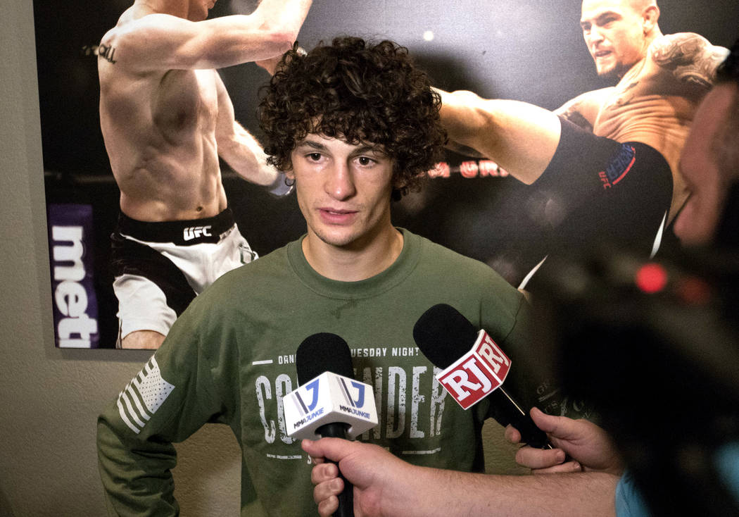 Sean O'Malley answers media questions on getting a UFC contract after his knockout win over Alfred Khashakyan on Dana White's Contender Series at The Ultimate Fighter gym in Las Vegas, Tuesday, Ju ...