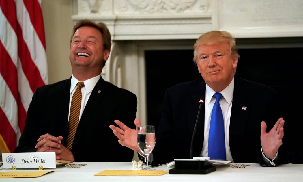 Senator Dean Heller (R-NV) reacts as U.S. President Donald Trump speaks during a lunch meeting with Senate Republicans to discuss healthcare at the White House in Washington, U.S., July 19, 2017.  ...