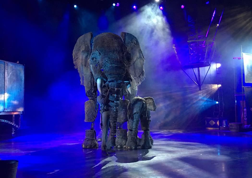 The elephant puppets Queenie and Peanut co-stars in "Circus 1903," are shown in a sneak preview for the show at AG Light and Sound in North Las Vegas on Tuesday, July 18, 2017. (John Katsilometes/ ...