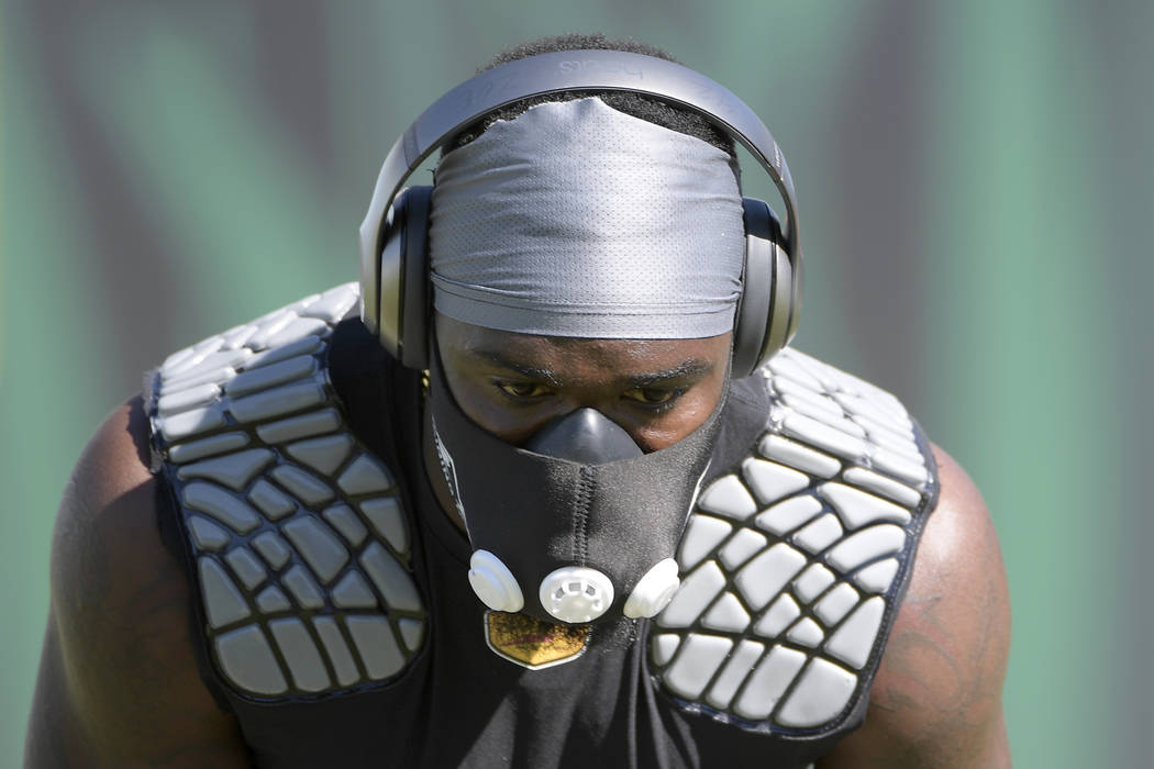 Oakland Raiders strong safety Karl Joseph (42) warms up before an NFL football game against the Jacksonville Jaguars in Jacksonville, Fla., Sunday, Oct. 23, 2016. (AP Photo/Phelan M. Ebenhack)