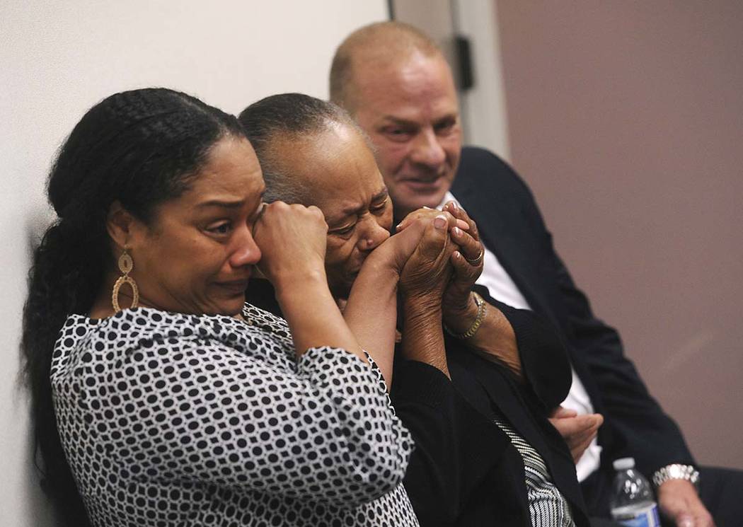 CORRECTS SPELLING FROM ARIELLE TO ARNELLE - O.J. Simpson's sister Shirley Baker, center, daughter Arnelle Simpson, left, and friend Tom Scotto react after O.J. Simpson was granted parole at Lovelo ...