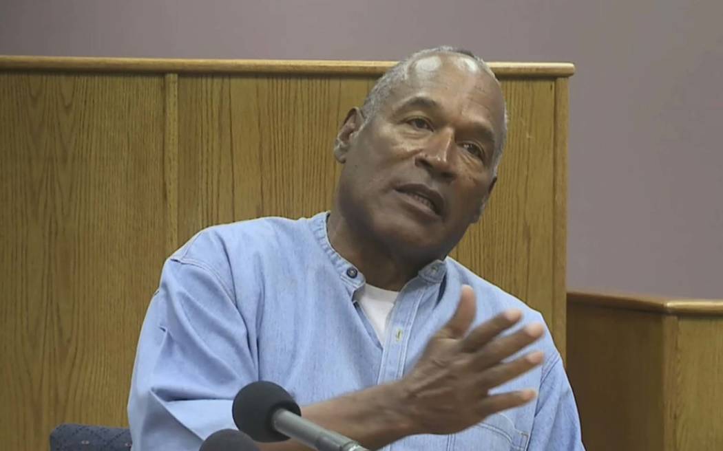 CORRECTS SOURCE TO KOLO-TV - Former NFL football star O.J. Simpson appears via video for his parole hearing at the Lovelock Correctional Center in Lovelock, Nev., on Thursday, July 20, 2017.  Simp ...