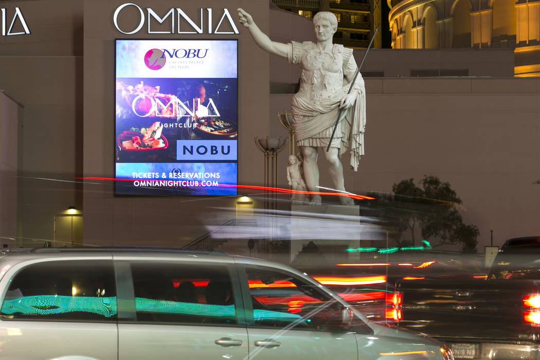 A marble replica of Augustus of Prima Porta stands at the Las Vegas Strip entrance of Caesars Palace, Monday, July 24, 2017. (Richard Brian/Las Vegas Review-Journal) @vegasphotograph