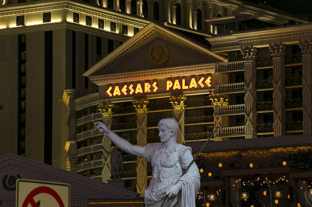 A marble replica of Augustus of Prima Porta stands at the Las Vegas Strip entrance of Caesars Palace, Monday, July 24, 2017. (Richard Brian/Las Vegas Review-Journal) @vegasphotograph