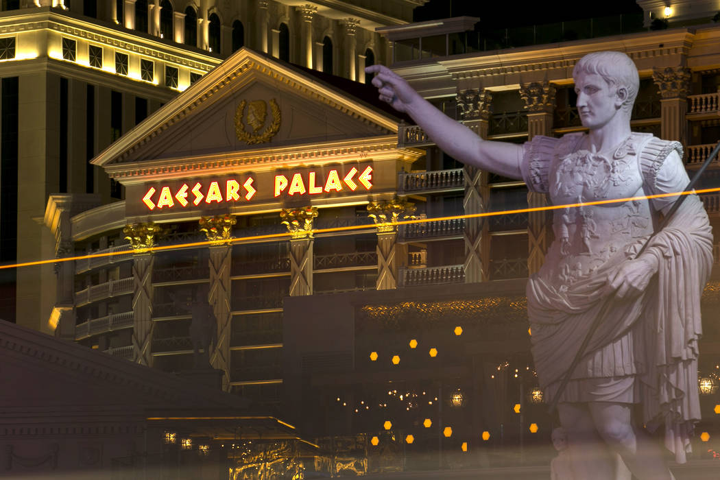 A marble replica of Augustus of Prima Porta stands at the Las Vegas Strip entrance of Caesars Palace, Monday, July 24, 2017. (Richard Brian/Las Vegas Review-Journal) @vegasphotograph
