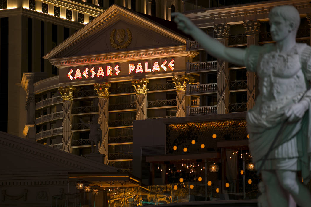 A marble replica of Augustus of Prima Porta stands at the Las Vegas Strip entrance of Caesars Palace, Monday, July 24, 2017. (Richard Brian/Las Vegas Review-Journal) @vegasphotograph