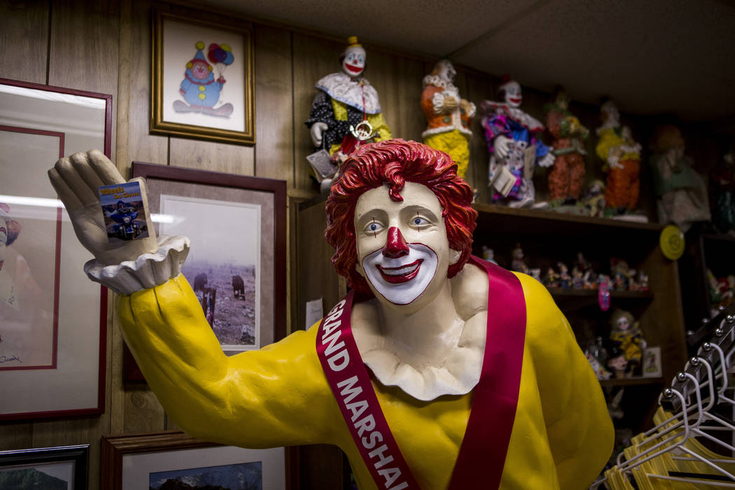A Ronald McDonald statue joins about 600 other clowns in the lobby of the Clown Motel in Tonopah on Tuesday, July 25, 2017. The Clown is currently for sale with the condition that the new owner mu ...
