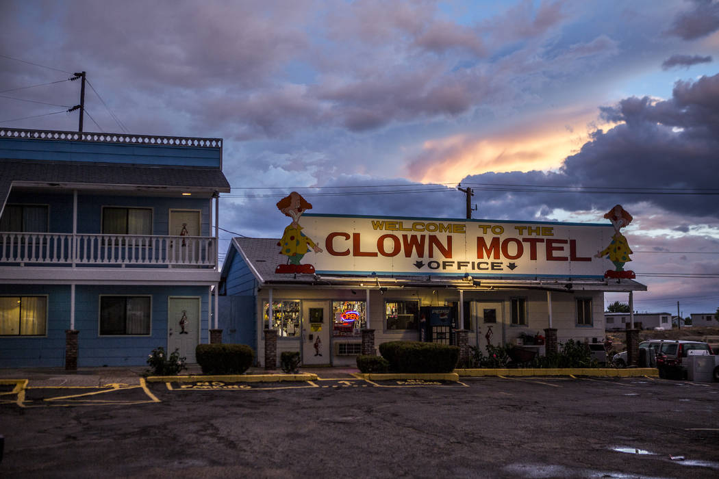 The sun sets over the Clown Motel in Tonopah on Tuesday, July 25, 2017. The Clown is currently for sale with the condition that the new owner must keep the clown theme.  Patrick Connolly Las Vegas ...