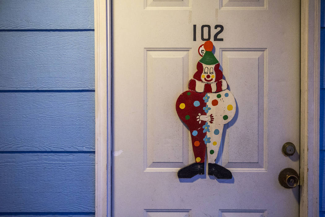 Clowns decorate most doors at the Clown Motel in Tonopah on Tuesday, July 25, 2017. The Clown is currently for sale with the condition that the new owner must keep the clown theme.  Patrick Connol ...