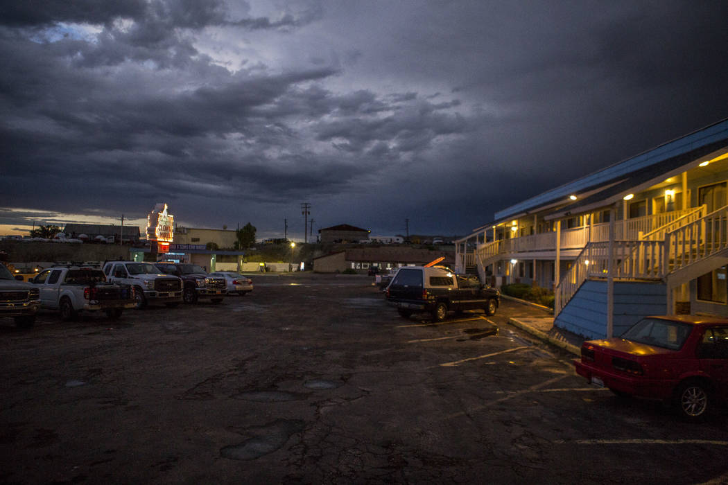 Clouds roll over the Clown Motel in Tonopah at dusk on Tuesday, July 25, 2017. The Clown is currently for sale with the condition that the new owner must keep the clown theme.  Patrick Connolly La ...