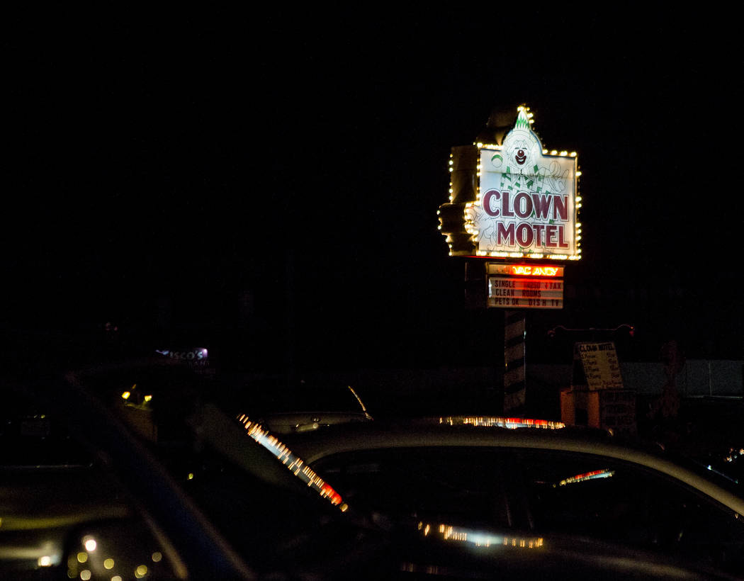 The Clown Motel sign shines in the dark in Tonopah on Tuesday, July 25, 2017. The Clown is currently for sale with the condition that the new owner must keep the clown theme.  Patrick Connolly Las ...