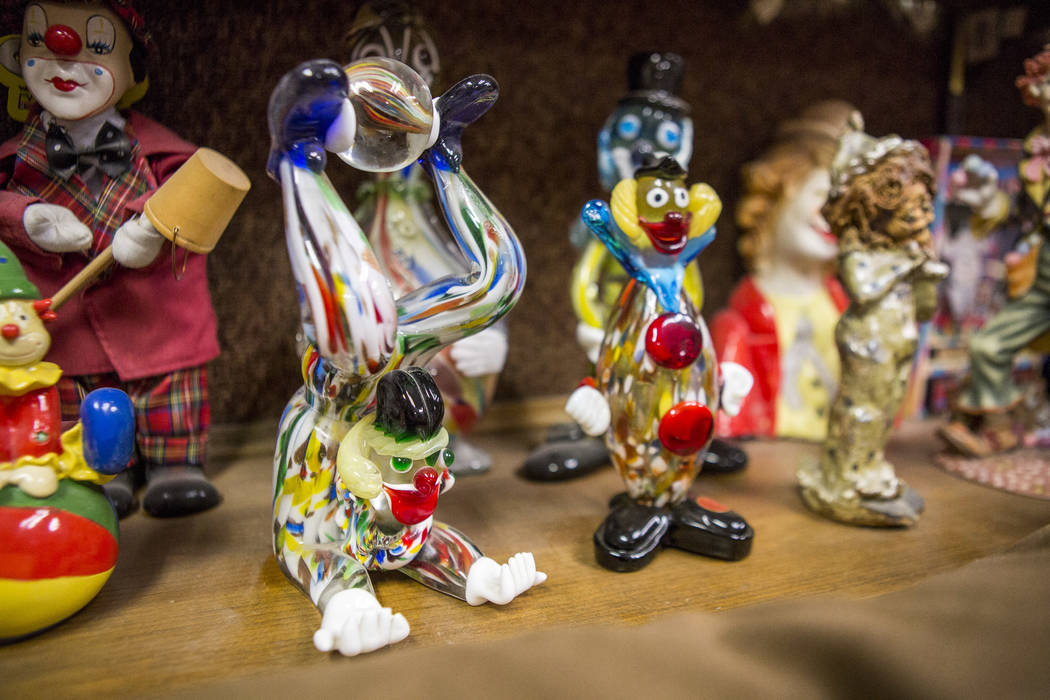 Clowns made of blown glass from Italy are on display with about 600 others in the lobby of the Clown Motel in Tonopah on Tuesday, July 25, 2017. Visitors have traveled from around the world to sta ...