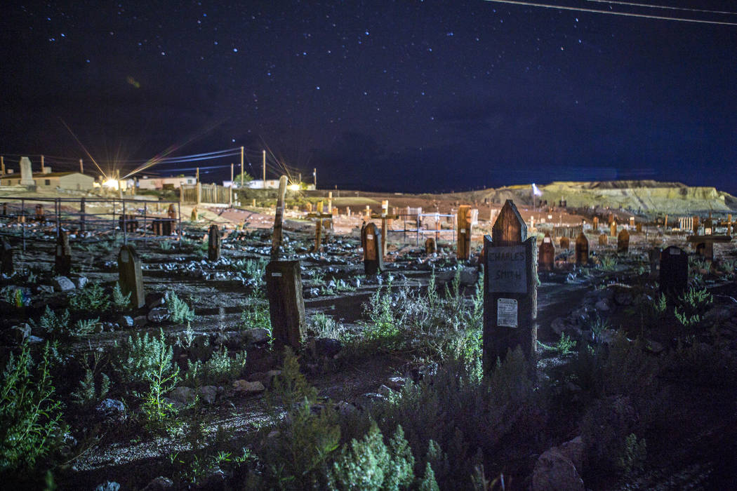 A nighttime view of the Tonopah Cemetery, known for paranormal activity, next to the Clown Motel in Tonopah on Tuesday, July 25, 2017.  Patrick Connolly Las Vegas Review-Journal @PConnPie