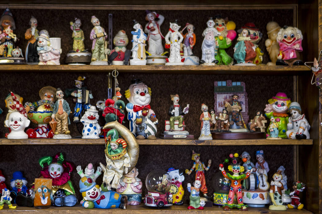 About 600 clowns decorate the lobby of the Clown Motel in Tonopah on Wednesday, July 26, 2017. Visitors have traveled from around the world to stay at the motel, and many have brought clown donati ...