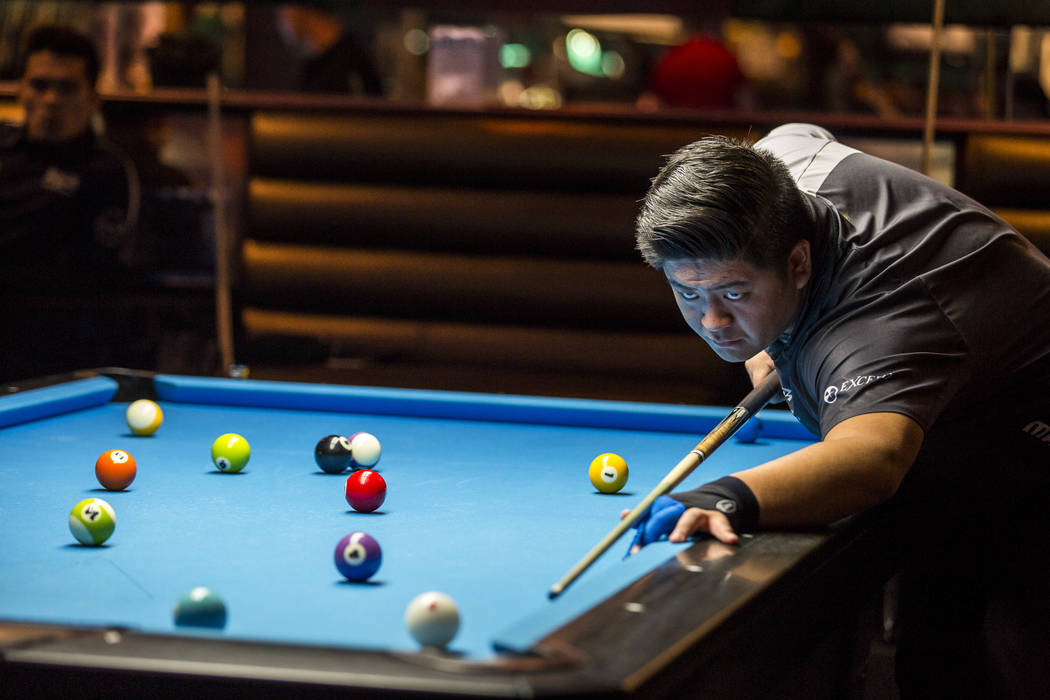 Mario He lines up his shot during the U.S. Open 8-Ball Championship at Griff's Las Vegas on Sunday, July 30, 2017.  Patrick Connolly Las Vegas Review-Journal @PConnPie