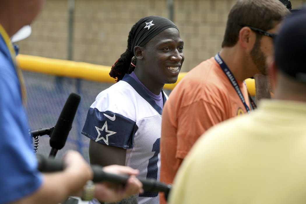 Dallas Cowboys wide receiver Lucky Whitehead leaves practice at the NFL football team's training camp in Oxnard, Calif., Monday, July 24, 2017. (AP Photo/Michael Owen Baker)