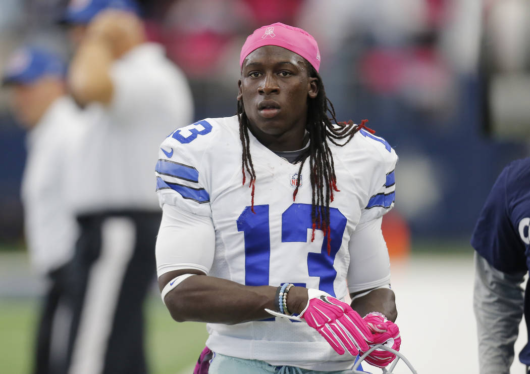 In this Oct. 11, 2015, file photo, Dallas Cowboys' Lucky Whitehead (13) prepares before an NFL football game against the New England Patriots in Arlington, Texas. (AP Photo/Brandon Wade, File)