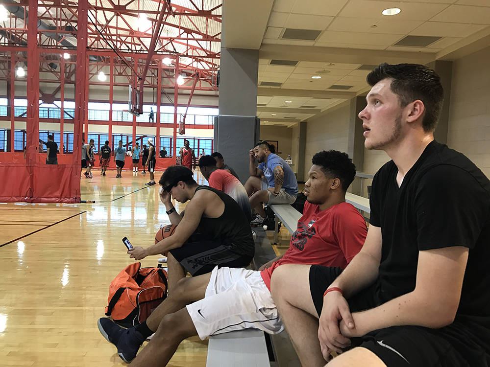Basketball players wait to join a pickup game at the UNLV Recreation and Wellness Center on Tuesday, July 25.
