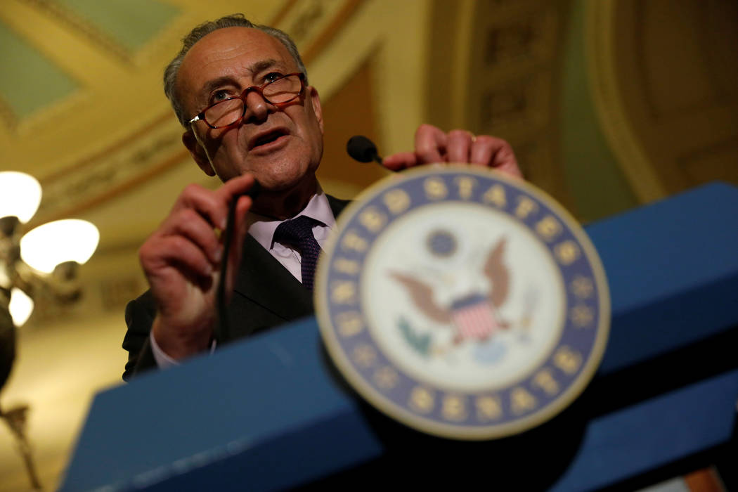 Senate Minority Leader Chuck Schumer speaks with reporters following the successful vote to open debate on a health care bill on Capitol Hill in Washington, July 25, 2017. (Aaron P. Bernstein/Reuters)