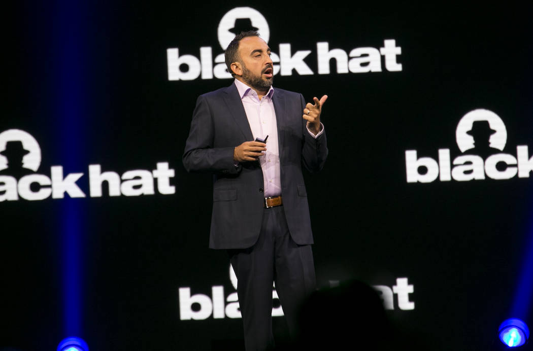 Alex Stamos, chief security officer at Facebook, gives a keynote during the Black Hat information security conference at Mandalay Bay, Wednesday, July 26, 2017, in Las Vegas. Richard Brian Las Veg ...