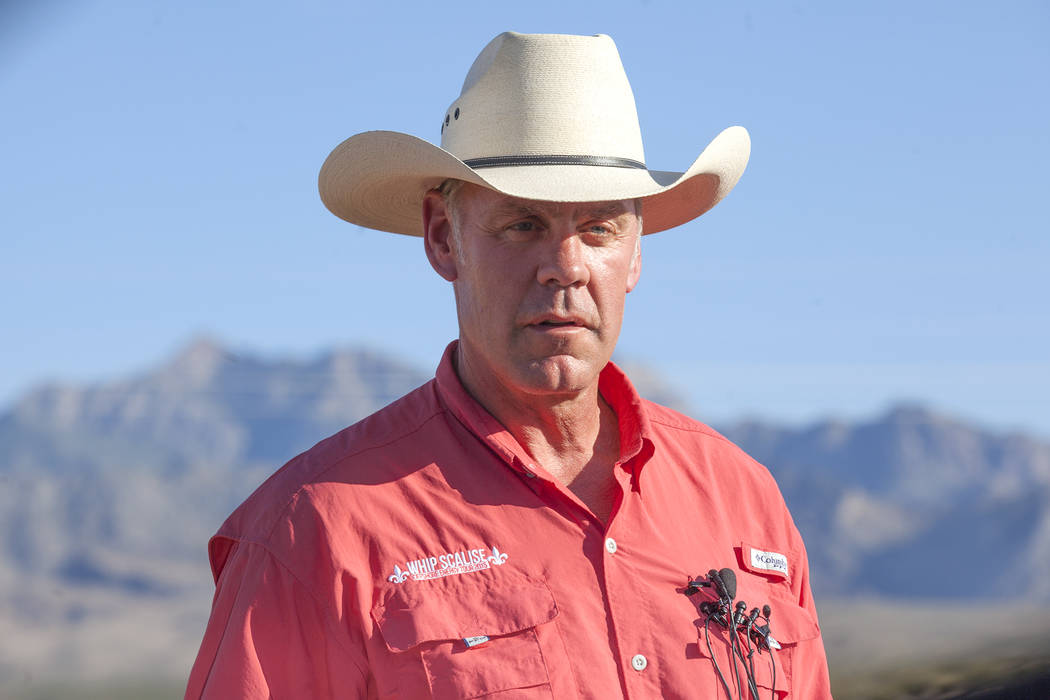 Interior Secretary Ryan Zinke talks to the media on Sunday, July 30, 2017, outside a private home in Bunkerville. Zinke is in the area to discuss the review of Nevada's Gold Butte and the Basin an ...