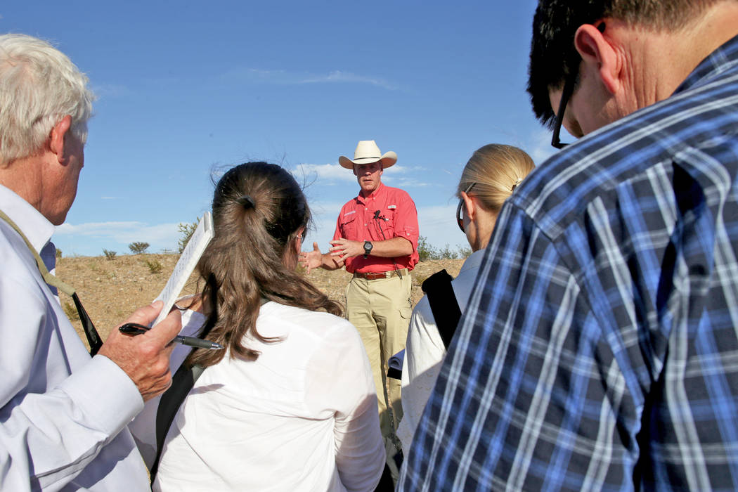 Interior Secretary Ryan Zinke talks to the media on Sunday, July 30, 2017, outside a private home in Bunkerville. Zinke is in the area to discuss the review of Nevada's Gold Butte and the Basin an ...