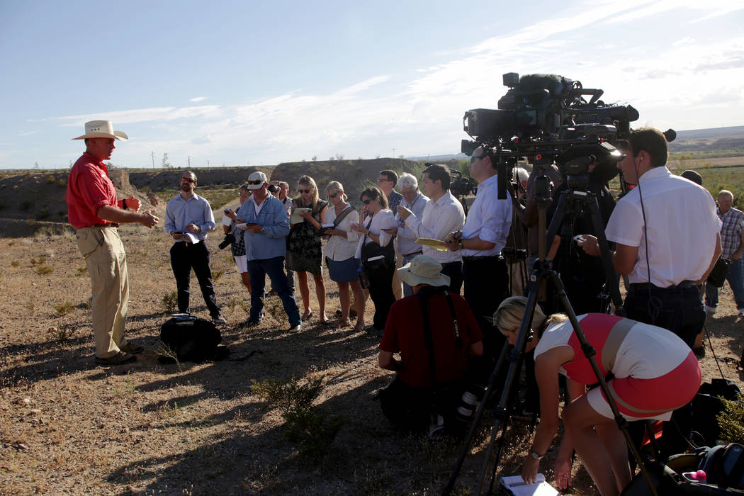 Interior Secretary Ryan Zinke talks to the media on Sunday, July 30, 2017, outside a private home in Bunkerville. Zinke is in the area to discuss the review of Nevada's Gold Butte and the Basin an ...