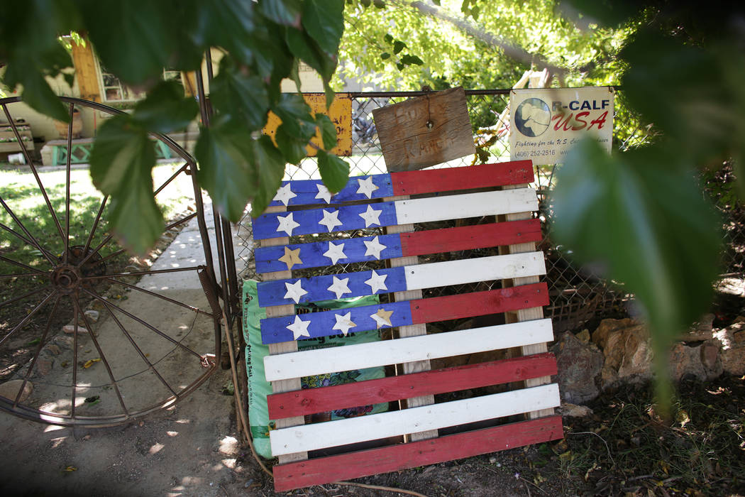 Decorations on the fence of the Bundy Ranch on Sunday, July 30, 2017, near Bunkerville. Interior Secretary Ryan Zinke is in the area to discuss the review of Nevada's Gold Butte and the Basin and  ...