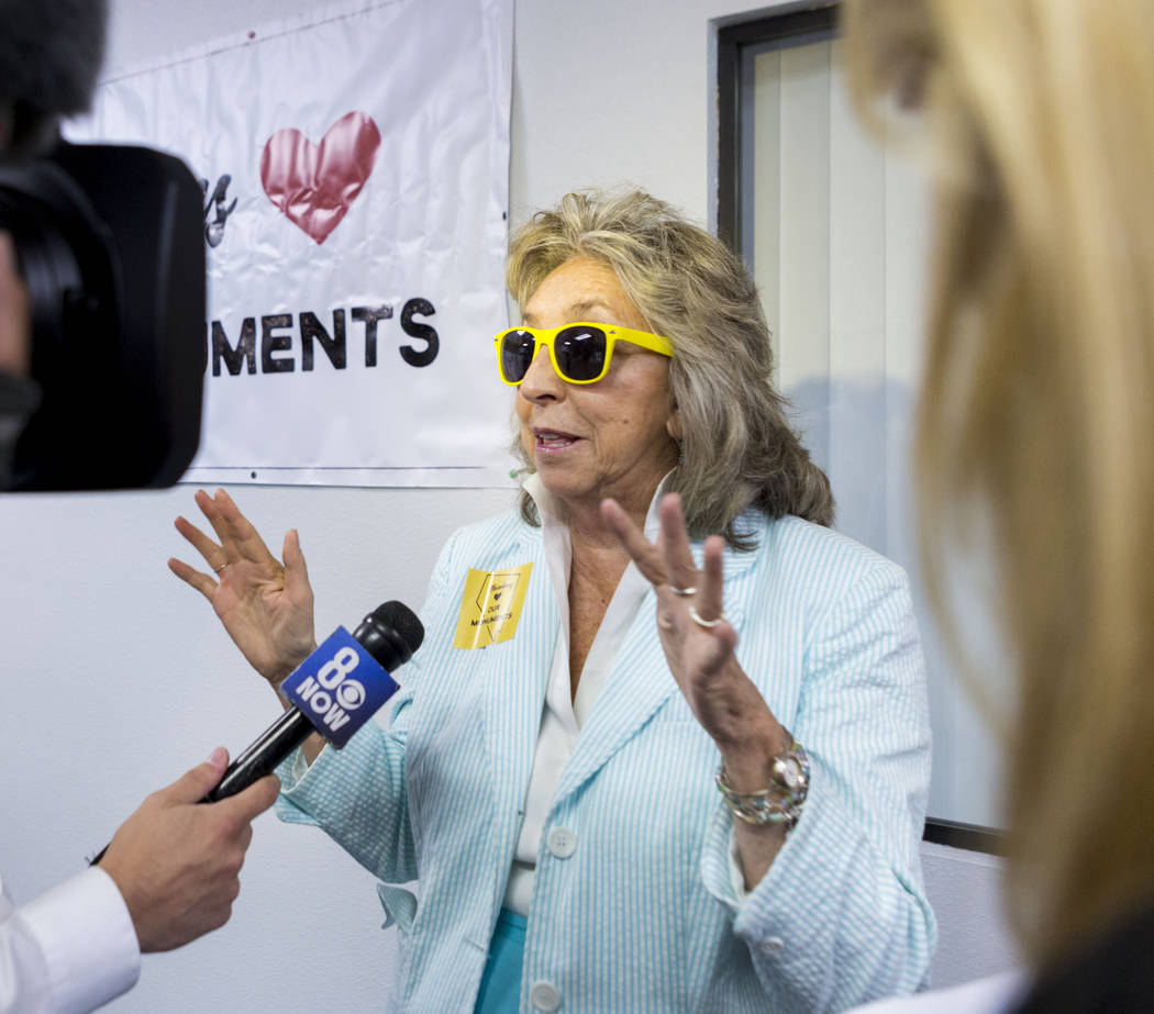 Rep. Dina Titus, D-Nev., speaks to reporters during a news conference about Secretary Zinke's shortened visit to Nevada at a Battle Born Progress office in Las Vegas, Monday, July 31, 2017. Elizab ...