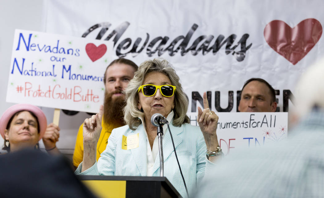 Rep. Dina Titus, D-Nev., speaks during a news conference about Secretary Zinke's shortened visit to Nevada, at a Battle Born Progress office in Las Vegas, Monday, July 31, 2017. Elizabeth Brumley  ...