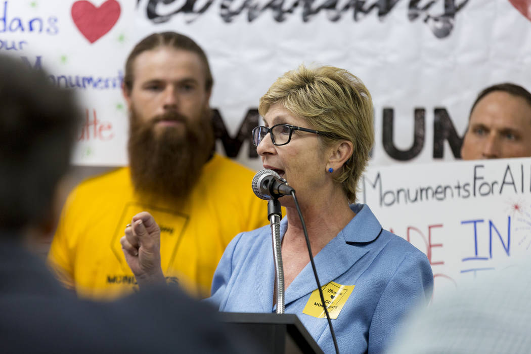 Commissioner Chris Giunchigliani speaks during a news conference about Secretary Zinke's shortened visit to Nevada, at a Battle Born Progress office in Las Vegas, Monday, July 31, 2017. Elizabeth  ...