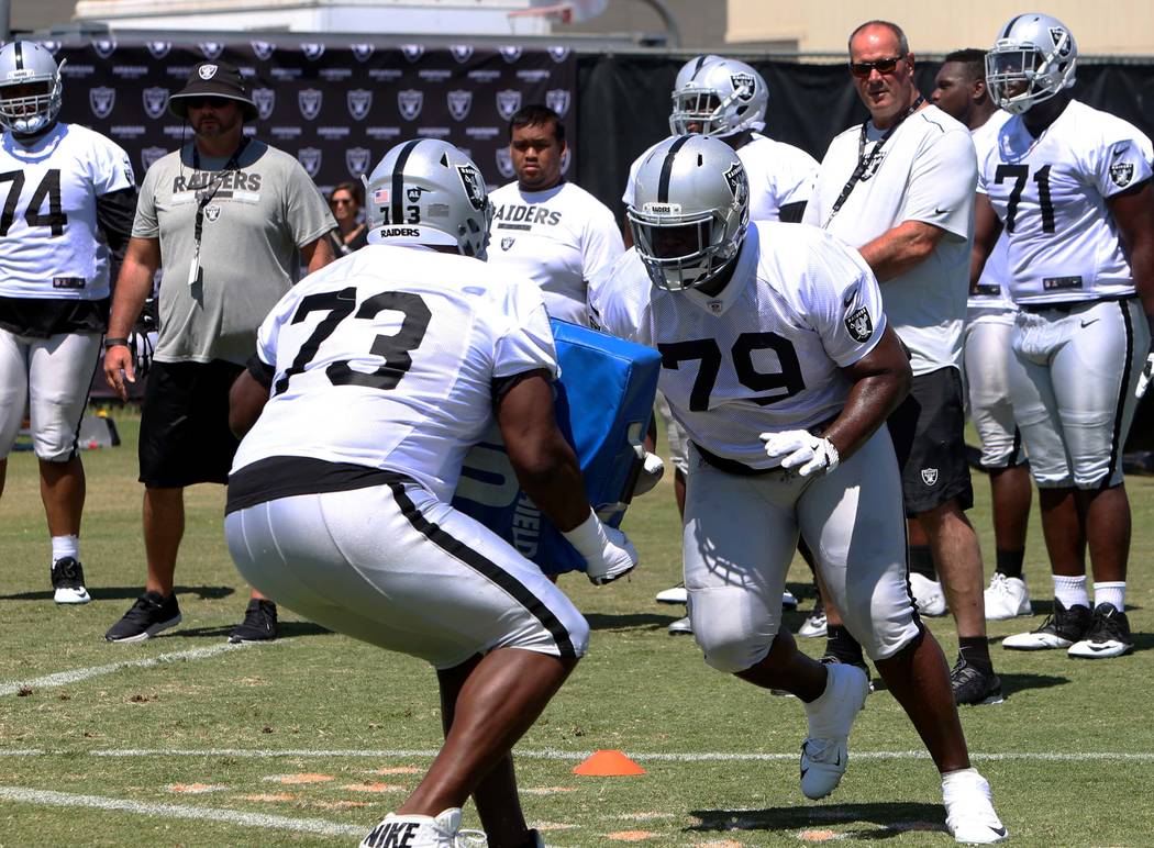 The Oakland Raiders offensive tackle Marshall Newhouse (73) blocks offensive guard Denver Kirkland (79) during the second day of teams practice at Raiders Napa Valley training complex in Napa., Ca ...