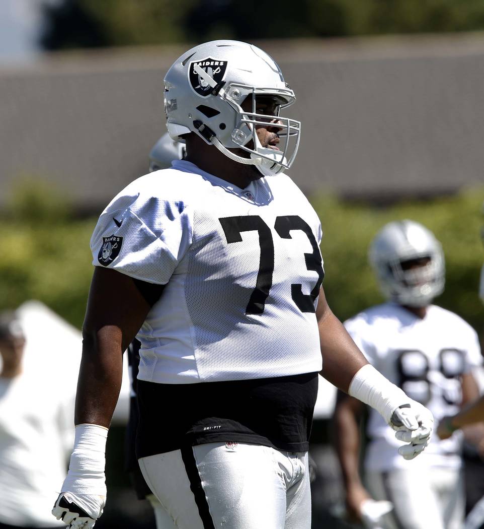 The Oakland Raiders offensive tackle Marshall Newhouse during the second day of teams practice at Raiders Napa Valley training complex in Napa., Calif., on Sunday, July 30, 2017. Bizuayehu Tesfaye ...