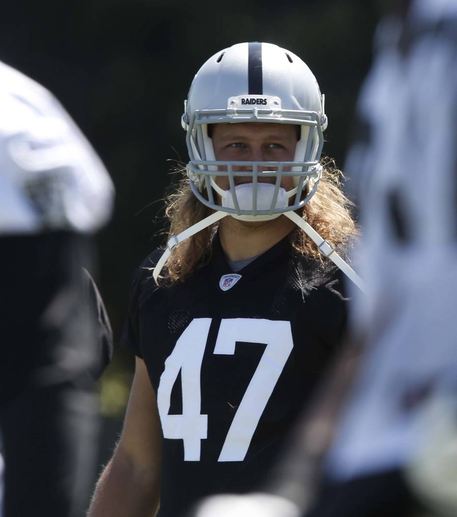The Oakland Raiders defensive end/linebacker James Cowser (47) during the second day of teams practice at Raiders Napa Valley training complex in Napa., Calif., on Sunday, July 30, 2017. Bizuayehu ...