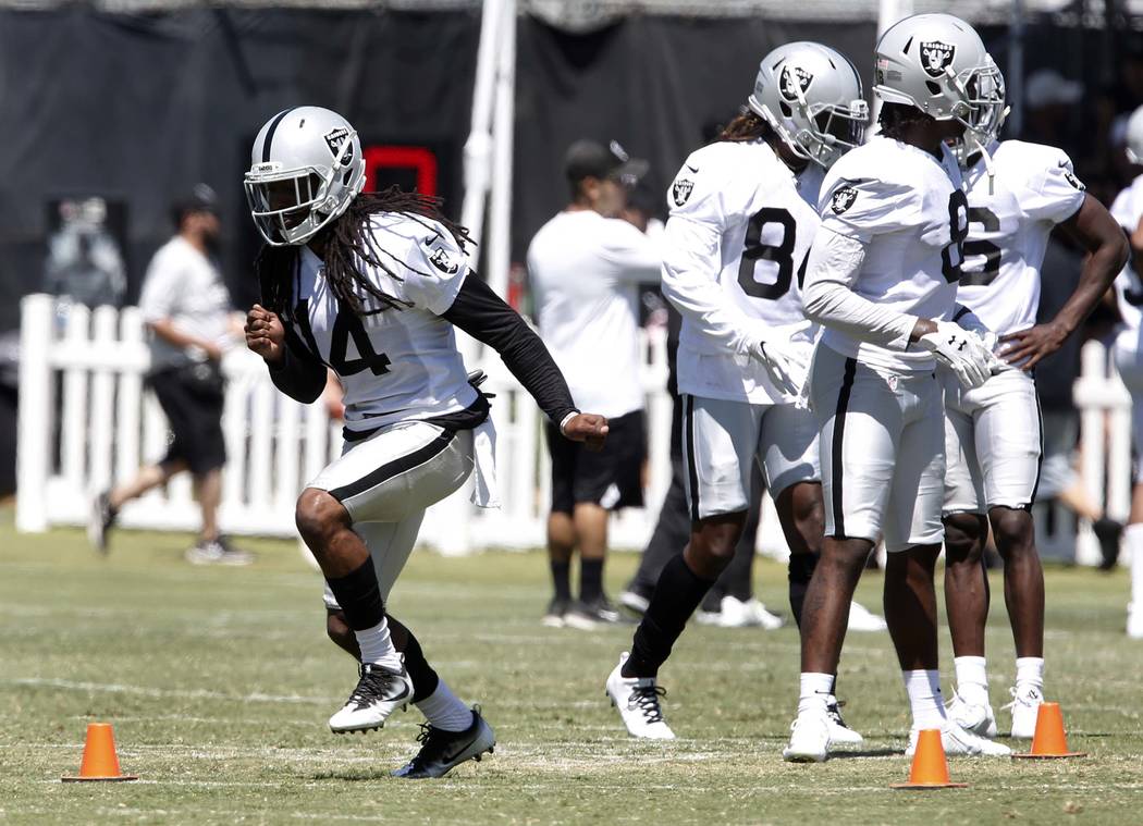The Oakland Raiders wide receiver Keon Hatcher (4) runs a drill during the second day of teams practice at Raiders Napa Valley training complex in Napa., Calif., on Sunday, July 30, 2017. Bizuayeh ...