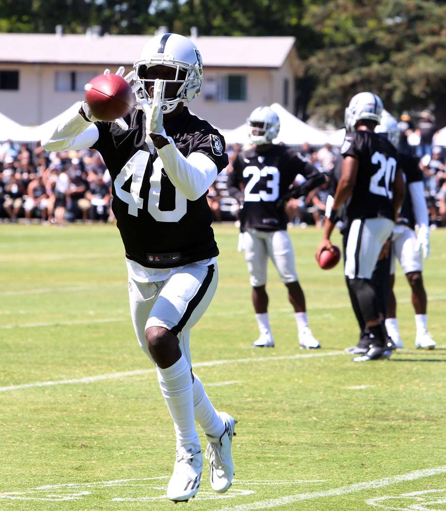 The Oakland Raiders cornerback Kenneth Durden catches a pass during the second day of teams practice at Raiders Napa Valley training complex in Napa., Calif., on Sunday, July 30, 2017. Bizuayehu T ...