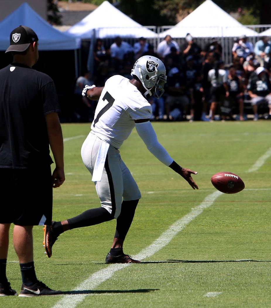 The Oakland Raiders punter Mrquette King kicks the ball during the second day of teams practice at Raiders Napa Valley training complex in Napa., Calif., on Sunday, July 30, 2017. Bizuayehu Tesfay ...