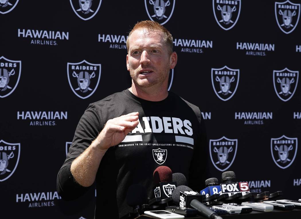 The Oakland Raiders offensive coordinator Todd Downing addresses the media after the second day of teams practice at Raiders Napa Valley training complex in Napa., Calif., on Sunday, July 30, 2017 ...
