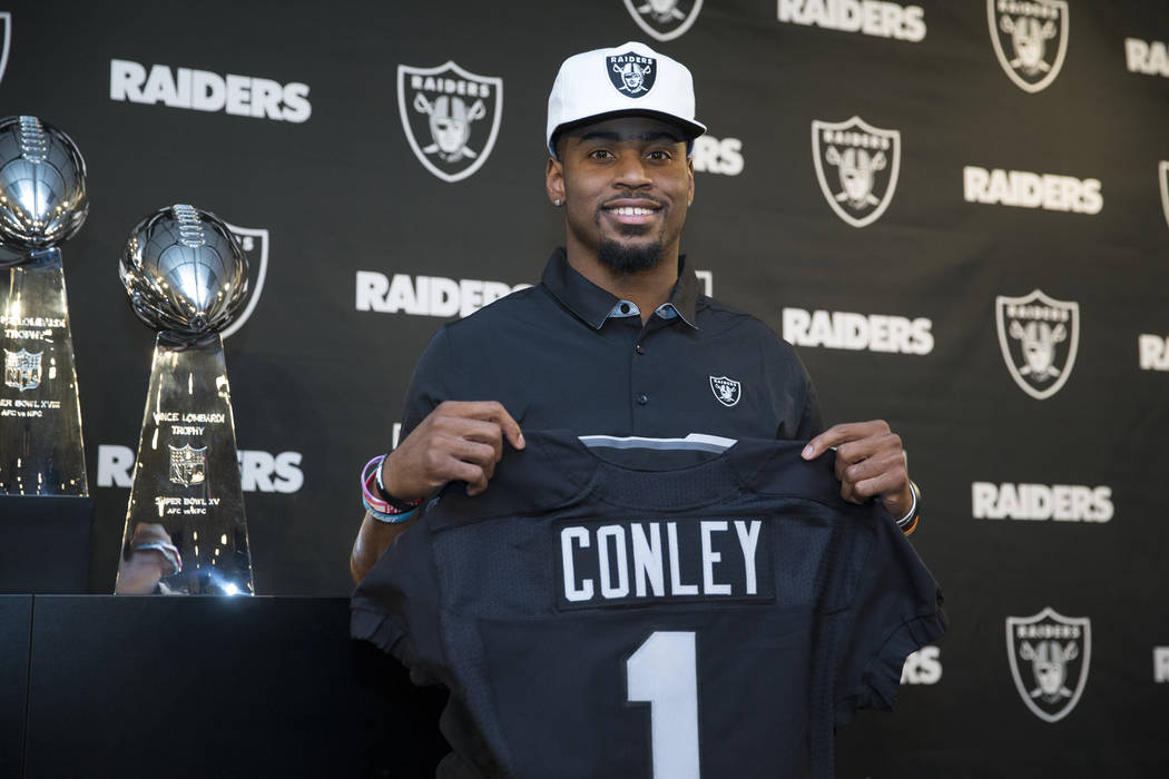 Oakland Raiders first round NFL Draft pick Gareon Conley of Ohio State during a press conference at the Raiders Headquarters on Friday, April 28, 2017, in Alameda, Calif. Erik Verduzco Las Vegas R ...